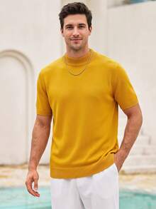 Mercer Haus Men's Summer Casual Crew Neck Solid Color Short Sleeve Knit Top - Mustard Yellow - View 1