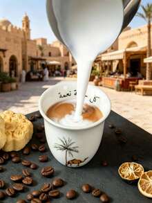 6 قطع طقم أكواب قهوة سيراميك عربي بتصميم الجمل والنخلة، أكواب قهوة عربية صغيرة من الشرق الأوسط، للاستخدام المنزلي والهدايا - أبيض - مشاهدة 7