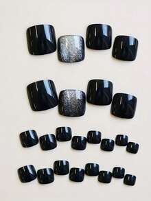Dark Ins Style 24pcs Black Cat Eye Crystal Toe Nail Art, Black Cat Eye Elegant Dynamic Fashion Casual Versatile Toe Fake Nails, Spring Summer Travel Daily Essential - Black - View 4