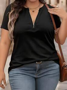 Talla Grande - Talla Grande - Camiseta con Cremallera para Mujer de Talla Grande Europea y Americana Transfronteriza - Negro - Ver 4