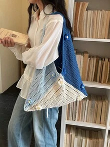 Dedoo 女款三角波希米亞風格肩背包，漸層粉色鉤編托特包，3D泡泡花鏤空輕量大容量可愛夏季海灘風 - 藍色 - 查看 3
