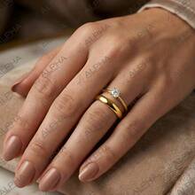 Pair Of 3mm Wedding Bands And 2mm Solitaire Ring With Gold Cubic Zirconia, For Wedding, Engagement, And Couples - Sophisticated - Gold - View 2