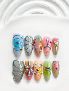10pcs Y2K Style Handmade Press-On Nails, Polymer Nail Tip Set, Colorful Rhinestone & Line Design, Blue, Pink & Green Nail Polish, Sweet & Cool Style, Includes Manicure Tools, 3 Sizes Available, Square, Short Square, Almond Shape, Suitable For Parties, Dancing, Daily Wear - 彩色 - 查看 13