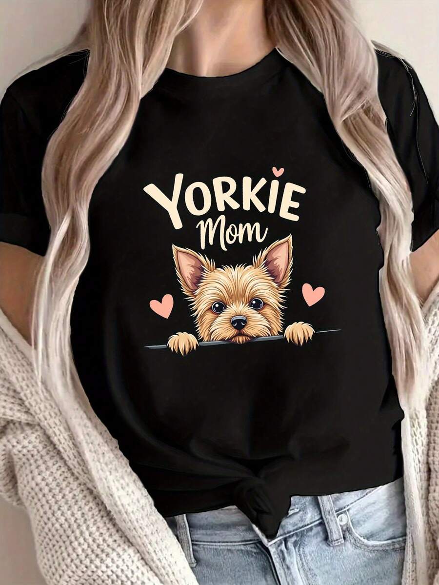 Women's T-Shirt With Yorkshire Terrier Mom Print - Casual Short-Sleeved Crew Neck T-Shirt With A Design Of A Yorkshire Terrier Puppy And Its Mother, Made With Fabric - 黑色 - 查看 1