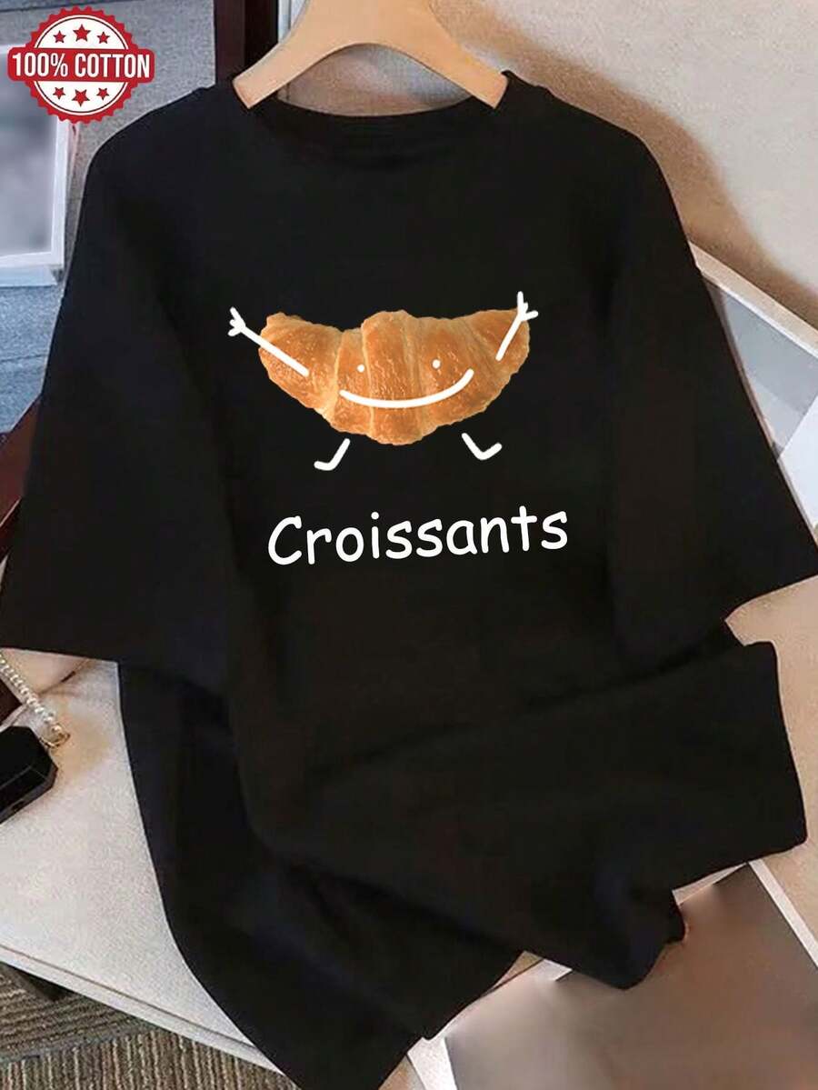 2026 Women's Blouses 100% Cotton Women's Loose Fit Croissant Print T-Shirt - Casual Short Sleeve Crew Neck Top With Fun Cartoon Design, L - 黑色 - 查看 1