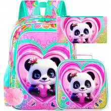 Juego de 3 piezas de mochila para niñas, estampado de panda y corazón con pompón, correas ajustables acolchadas, cremallera, linda mochila escolar + lonchera + estuche para la escuela & regalos - Rosa - View 2