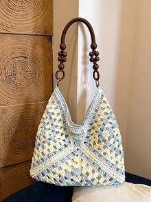 Handmade Crochet Hollow Straw Bag, Colorblock Large Capacity Shoulder Bag, Bohemian Contrast Color Straw Bag, Casual Versatile Women's Bag, Slouchy Woven Women's Bag, Summer Beach Vacation Style Straw Bag, Commute And Travel Dual-Use Women's Bag, Can Fit Vacation Bag, Gift For Women - Blue - View 7