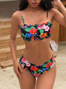 OCENASUN10 Women's Floral Print Bikini With Bandeau Top, Removable Cups, Crisscross Lace-Up Back And Side Adjustment Bottoms - Black - View 5