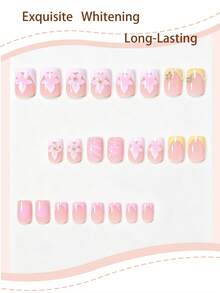 24pcs Romantic Cute Pink 3D Flower Gold Star 3D Water Ripple White Polka Dot Pink Gradient White And Cream Yellow French Manicure Full Coverage Fake Nails For Women And Girls, Suitable For Summer Party Office Daily Wear, Includes 1 Adhesive Sheet And 1 Mini Nail File, Randomly Shipped Jelly Glue - Multicolor - View 3