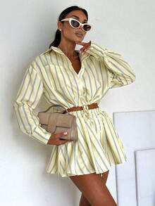 Casual Minimalist Charming Fashionable Striped Tie-Up Long Sleeve Shirt And Pants 2 Pieces Set, Women's - Light Yellow - View 5