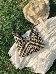 Dedoo 女款托特包，拼色格紋鏤空鉤編織布料肩背手提包，大容量波希米亞休閒包，適合夏季海灘度假與日常購物 - 黑與白 - 查看 9