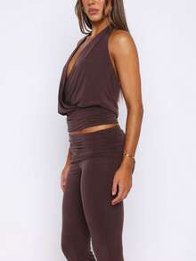 Women Cowl Neck Halter Tops Draped Front Low Cut Backless Tank Top Ruched Open Back Going Out Tops - Coffee Purple - View 6