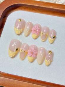 10PCS Handmade Press On Nails, Medium Almond Fake Nails, Nude & Cream Yellow French, 3D Pink Flower With Gold Shell Pearl Decor, Elegant Reusable Nail Stickers, Salon Quality, Beginner Friendly For Daily Dating & Wedding Occasions - Multicolor - View 5