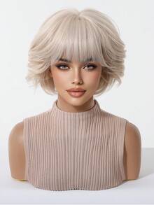 12 Inch Feathered Layered Bob Full Wig With Bangs, Heat Resistant Synthetic Fiber, Pale Platinum Blonde, Soft Slight Wave Texture, Fashion Full Cap For Daily & Street Look, Halloween - Multicolor - View 5