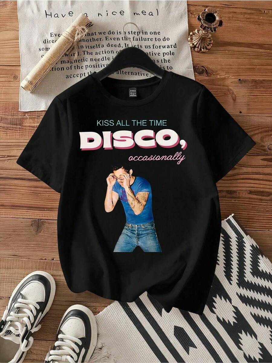 Disco Retro "Kiss All The Time Disco" Funny Music Black Tee Top - 黑色 - 查看 1