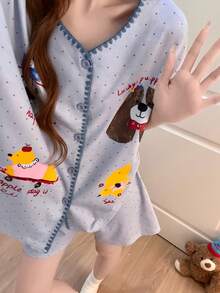 2件組女款睡衣家居服套裝，可愛動物印花鈕扣短袖簡約休閒時尚短褲，舒適居家，易打理面料 - 藍色 - 查看 4