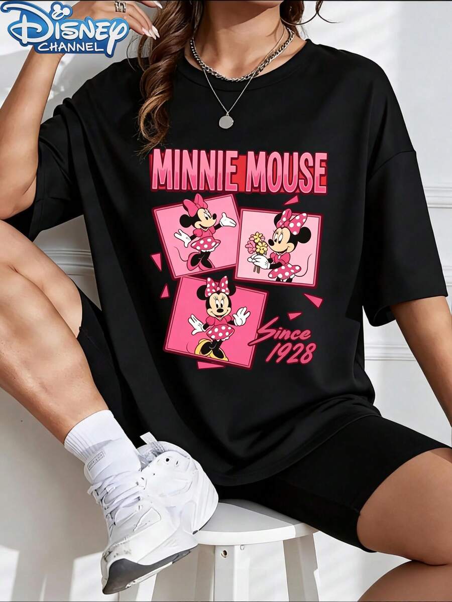 Disney Cute, T-Shirt, Minnie Mouse Since 1928 Design, Printed Graphic, Casual Wear - 黑色 - 查看 1