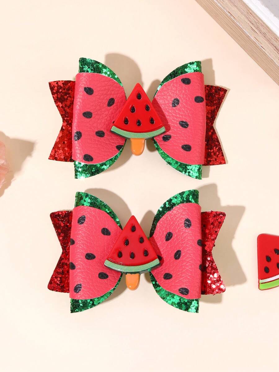 2pcs Yellow Lemon Hair Clips Girls Hair Accessories, Red Watermelon Bow, Shiny Glitter Crocodile Clip Bow Hair Clips, Sweet Fruit Hair Clips, Cute Y2K Style Teenage Girls Summer Dopamine Gift Vacation Daily Hair Accessories - Multicolor - View 1