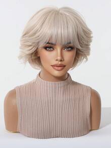 12 Inch Feathered Layered Bob Full Wig With Bangs, Heat Resistant Synthetic Fiber, Pale Platinum Blonde, Soft Slight Wave Texture, Fashion Full Cap For Daily & Street Look, Halloween - Multicolor - View 7