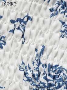 DONICY Women's White & Blue Floral Print Sleeveless Midi Dress, Square Neck Ruched Bust Design, Casual Vacation Wear - Multicolor - View 6