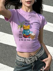 夏季新款圓領 DTMF 圖案修身落肩 T-shirt，度假旅行海灘穿搭 - 芋紫色2 - 查看 2
