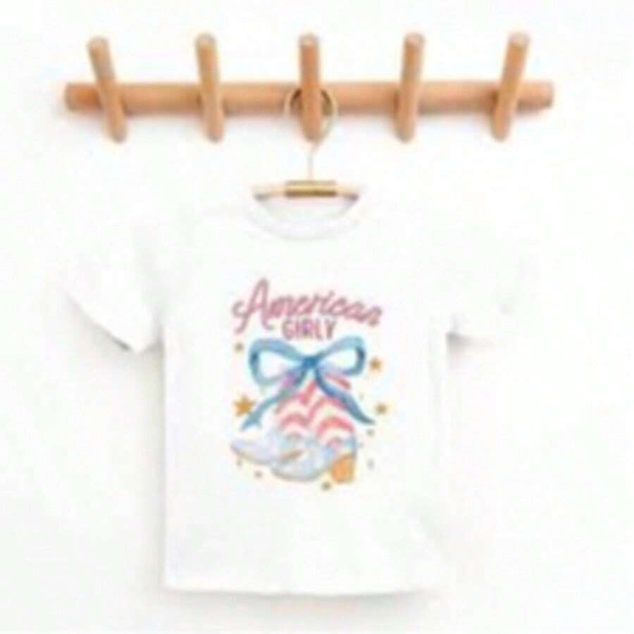 White T-Shirt For Toddlers With Patriotic 4th Of July Print, Casual, Short Sleeve, , Kindergarten Graduation, 4th Of July Girls, Children's Items, Clothing - 中紫紅色 - 查看 1