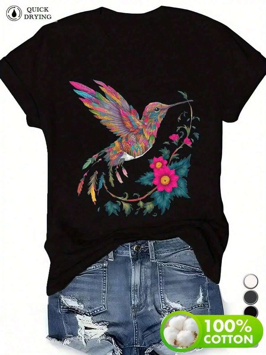 Camiseta manga corta cuello redondo algodón negro 180g, estampado floral colibrí vibrante, informal verano, suave transpirable, para amantes naturaleza, diseño artístico, cómoda diaria. - Negro - Ver 1