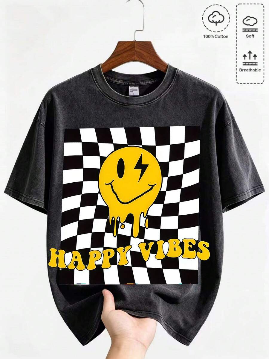 Black Vintage Washed Smi Ley Face T-Shirt | Pink Checkered Grid Graphic Tee | 100% Cotton Oversized Streetwear - 黑色03 - 查看 1