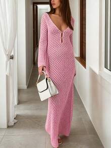 Crochet V-Neck Backless Fitted Dress, Vacation Beach Wear, Elegant Sexy Minimalist Solid Color Casual Knit Cover-Up Maxi Dress Summer - Rose Pink - View 3