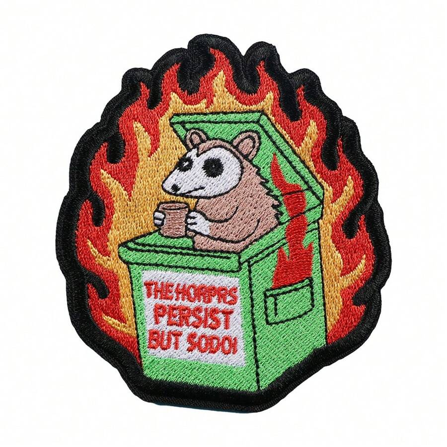 1 Possum Trash Can Fire Embroidered Patch, The Horror Continues But I'M Still Here, Funny Possum Iron On Patch, Humorous Embroidered Applique - A - View 1