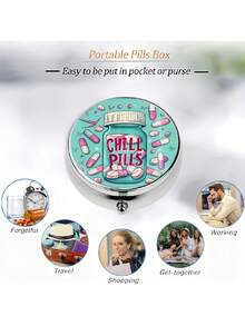 "CHILL PILLS" Impreso - Caja de almacenamiento de pastillas, diseño de accesorio redondo relajante y divertido para aliviar el estrés, regalo perfecto, apariencia exquisita Caja de almacenamiento portátil de 3 compartimentos - Multicolor - Ver 4