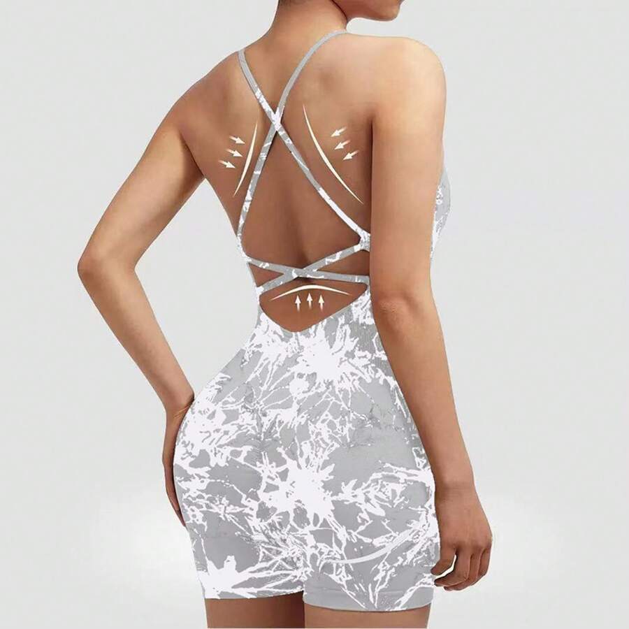 Women's Ribbed Yoga Bodysuit With Crisscross Back And Cutouts, One-Piece Sports Jumpsuit With High Cut And Butt Lifting Effect, Available In 16 Colors - 紮染灰色 - 查看 1