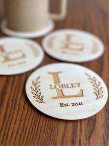 1/3/5pcs Personalized Coasters, Customized With Surname And Established Year, Farmhouse Style Home Decor, Gift For Him, Gift For Her, Gift For Friends, Decorative Item, Personalized Gift, Customized Gift, Anniversary, Family And Friends - Brown - View 6