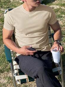 Men's Plain Cotton Crew Neck T-Shirt - Beis - View 1