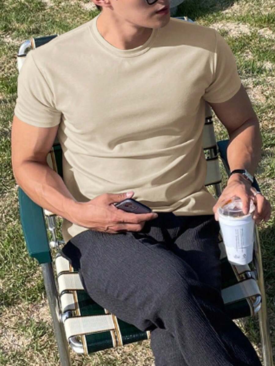 Men's Plain Cotton Crew Neck T-Shirt - Beis - View 1
