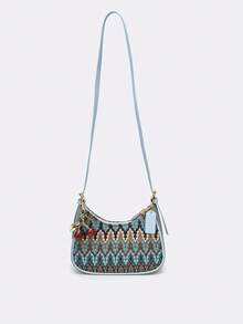 2026 Neue Mode Klassische vielseitige Buchstaben-Charm Dekoration Bohemian Stil Halbmond Schultertasche Achseltasche, geeignet für Einkaufen, kann auch als Umhängetasche getragen werden (inklusive Anhänger) - Blau - Übersicht 4
