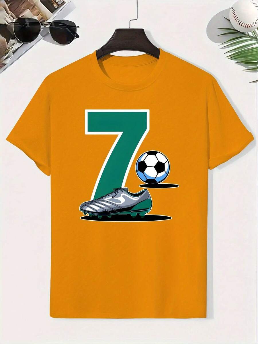 Boys' Cotton T-Shirt 1210 7 And Football, Creative Boys' T-Shirt, Lightweight And Comfortable Short Sleeve Casual Top, Summer Children's Clothing - 橘色 - 查看 1
