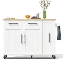 Kitchen Island With Drop Leaf, Storage Trolley With 3-Tier Pull-Out Cabinet Organizer, Internal Storage Rack, Rolling Cart With Towel Holder & 2 Drawers For Dining Room, White - White - View 9