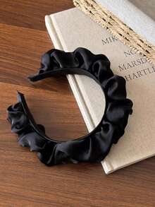1pc Black Pleated Ruffle Satin French Style Gentle Headband, All-Season Versatile High Crown Face-Slimming Hair Hoop For Daily Face Washing, Commuting, Dating - Multicolor - View 3