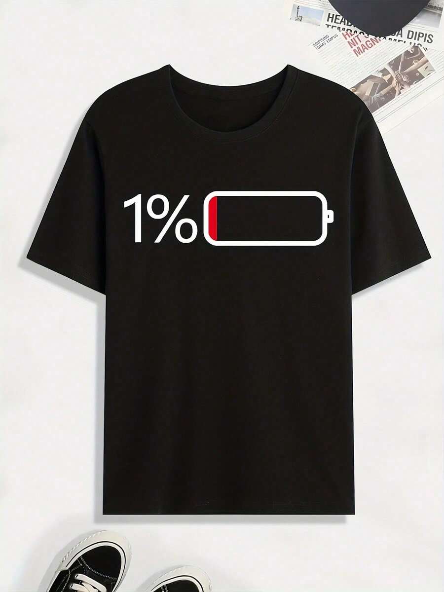 Camiseta con estampado de batería baja, camisetas para hombre, camiseta casual de manga corta para verano, primavera y otoño, camisetas como regalo. Camiseta casual cómoda y relajada para la - Negro - Ver 1