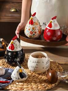 Japanese Garden Style Chick-Shaped Ceramic Storage Jar, Vintage Cute Hand-Painted Underglaze Color Jar, With Lid And Spoon, Can Store Coffee Beans, Candy, Cereal, Spices, Snacks, Dried Fruits, Baking Ingredients, Etc., Ideal For Kitchen, Living Room, Desktop Decoration And Gift Giving. - Multicolor - View 10