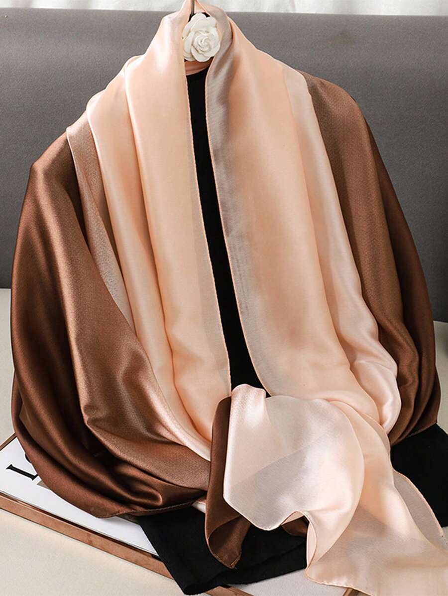 1pc Women's Gradient Solid Color New Satin Long Scarf - Khaki Brown Gradient - View 1