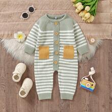 New Striped Knit Long Sleeve Jumpsuit For Infants And Toddlers - Green - View 14