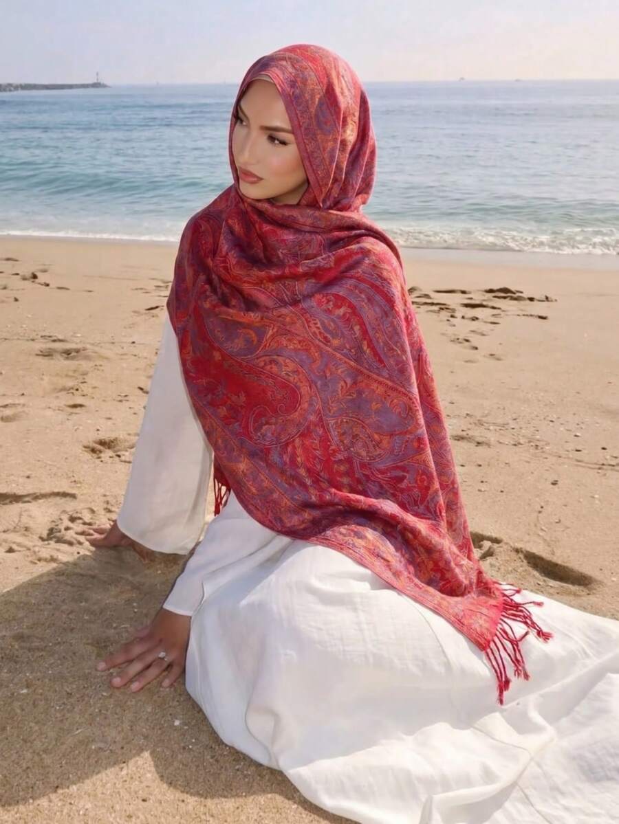 1pc Women's Tassel Ornate Paisley Hijab Scarf, Autumn/Winter Fashion Vintage Shawl, Suitable For Daily Wear - Red - View 1
