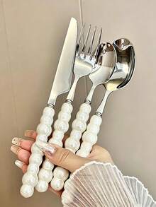 Exquisite Pearl-Shaped Stainless Steel Cutlery Set With Ceramic Handles - Knife, Dessert Spoon, Fork And Spoon. Perfect For Daily Dining, Birthdays, Parties And School - White - View 9
