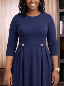 NOU elegantes Damenkleid mit Rundhalsausschnitt, 3/4-Ärmeln, plissiertem Design, A-Linie und taillierter Taille, mittellang, schmeichelhafte Silhouette, geeignet für Büro, Nachmittagstee, Kirche, Lehreroutfit, Kirchenkleidung, Kirchenkleid, Schulanfang, Urlaub, Büro, Alltag, Date, Arbeitsplatz, Geburtstagsparty, Casual, Herbstkleidung, Herbstkleid - Königsblau - Übersicht 9