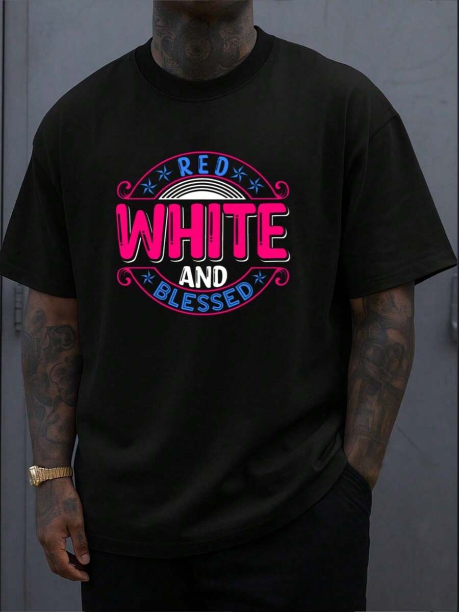 Camiseta Estampada para Hombre Red, White & Tee, Top Negro, Divertida y Elegante, Ropa de Verano Ligera y Refrescante, Perfecta para Deportes de Verano y Ocio, Diseños Únicos, Esta - Negro - Ver 1