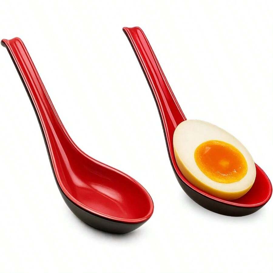 , Set of 2 Soup Spoons Asian Japanese Wonton Soba Rice Pho Ramen Noodle Soup Spoons, Black/Red Color - 6,5 pulgadas (16,51 cm) - Ver 1