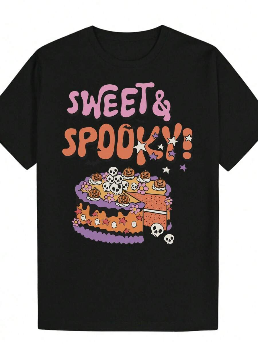 Camiseta de Fiesta para Hombre "Sweet and Spooky" - Negra con Letras de Maíz Dulce Naranja, Linterna de Calabaza, Murciélago - Negro - Ver 1