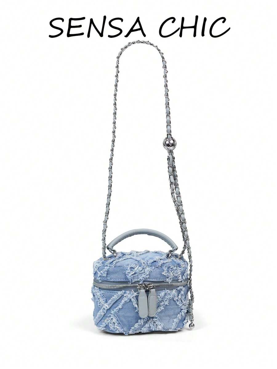 Fashionable Light Blue Diamond Hollow Handbag With Leather Top Handle And Adjustable Leather-Wrapped Metal Chain Shoulder Strap, Frayed Edge Details For Street Style, Compact Rectangular Body Fits Lipstick And Daily Essentials, Ideal For Street Looks And Casual Outings - Baby Blue - View 1